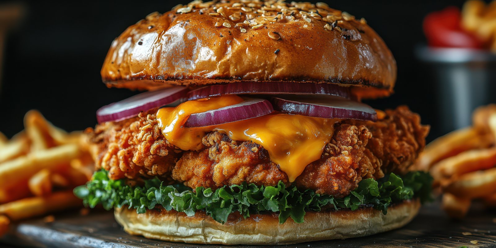 Juicy fried chicken burger with melted cheese served with crispy French fries